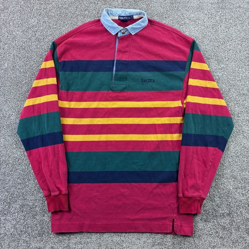Vintage Nautica Rugby Shirt Mens XL Red Green Yellow Striped Long Sleeve Cotton - Picture 1 of 5